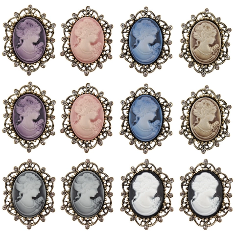 Broche Camée Vintage Alliage Strass Style Victorien Profil De Dame Épingle Bijoux Ovale Pour Femmes