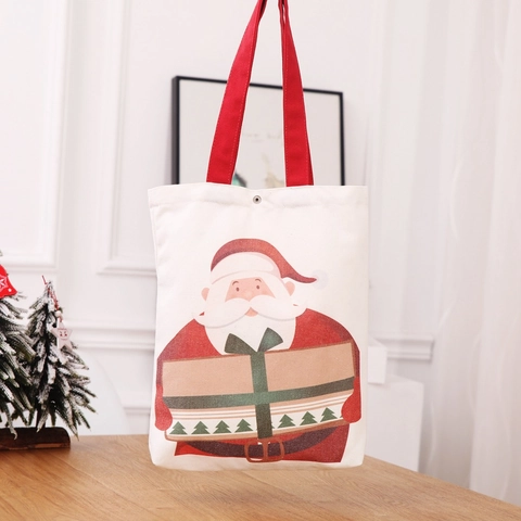 Christmas Santa Claus Canvas Tote Bag With Red Handles Snap Button Festive Gift Packaging Handbag Cute Cartoon Illustration