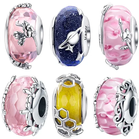 925 Sterling Silver Glass Charm Beads Mermaid Starry Sky Flower Butterfly DIY Bracelet Accessories Jewelry Making