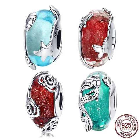 925 Sterling Silver Glass Charm Beads Mermaid Starry Sky Flower Butterfly DIY Bracelet Accessories Jewelry Making