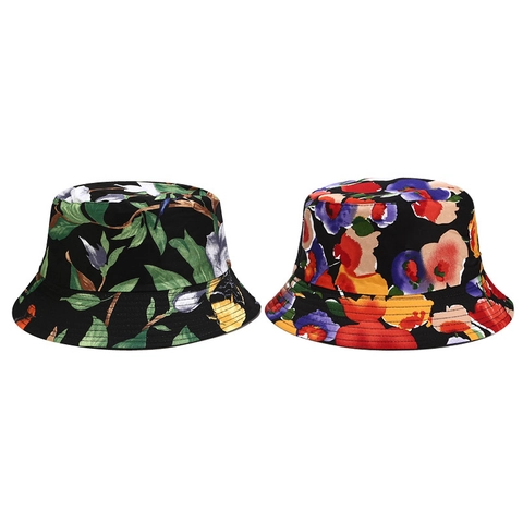 Floral Print Reversible Bucket Hat Cotton Canvas Sun Protection Summer Outdoor Travel Foldable Packable Casual Women