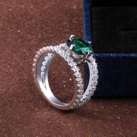 Anello Zirconia Cubica Verde Taglio Smeraldo Rame Micro Pavè Zircone Bianco Doppio Gambo Gioielli Eleganti Da Donna