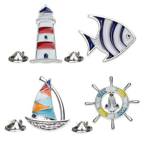 Nautische Emaille Legering Broche Pin Voor Dames Heren Cartoon Vuurtoren Zeilboot Tropische Vis Scheepsstuur Badge Kleding Decoratie