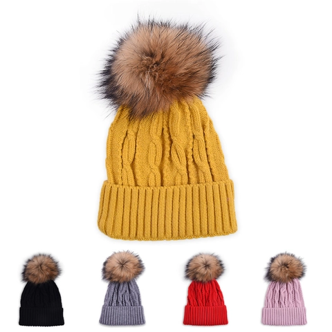 Kinder Winter Gebreide Muts Met Bontpompon Kabelgebreid Warm Voor Peuters Jongens Meisjes Zacht Elastisch