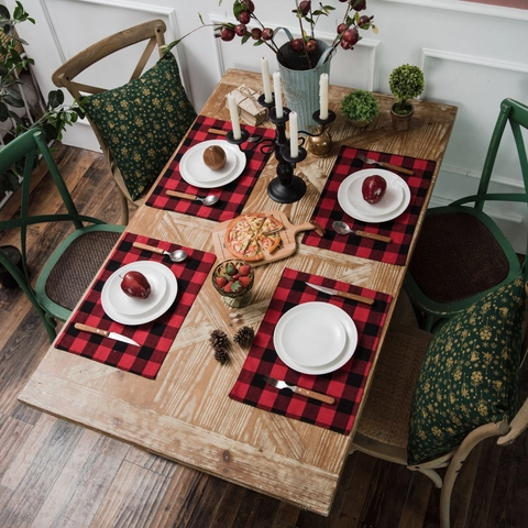 Buffalo Plaid Placemats Cotton Linen Table Mats Christmas Holiday Decor Double Layer Washable Rustic Farmhouse