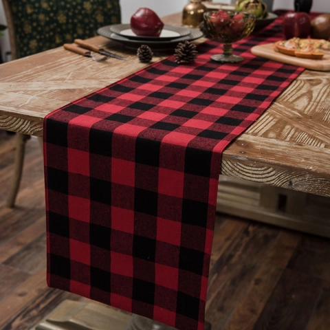 Christmas Table Runner Buffalo Plaid Cotton Fabric Farmhouse Holiday Dining Party Decoration Red Black Gingham