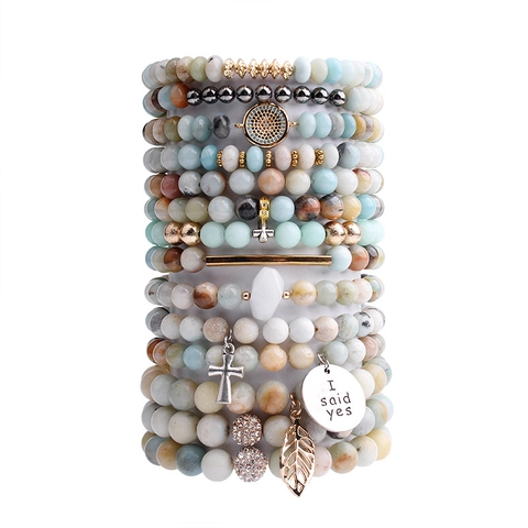 Naturstein Perlenarmband Mit Legierung Kreuz Blatt Und I Said Yes Anhänger Boho Stil Elastischer Schmuck Für Damen