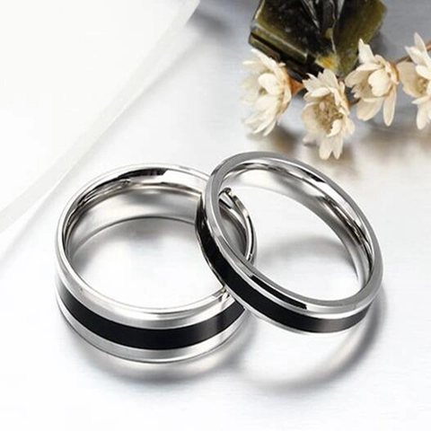 Stainless Steel Minimalist Band Ring With Black Enamel Center Line Polished Silver Finish Trendy Unisex Jewelry Finger Ring Gift