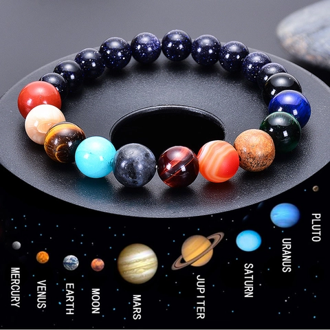 Bracciale Sistema Solare Otto Pianeti Pietra Naturale Occhio Di Tigre Pietra Arenaria Blu Universo Galassia Unisex Gioielli