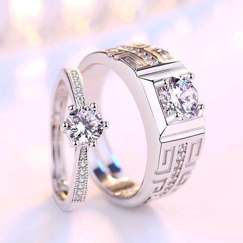 Mode Kupfer Versilbert Zirkonia Paar Ring Set Griechisches Mäander Muster Sechs Zacken Hochzeit Verstellbare Offene Ringe Für Damen Herren