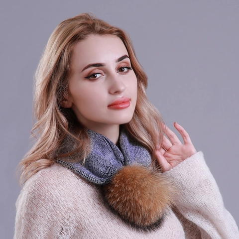 Dual-layer Wool Blend Women Multi-use Knit Hat Scarf Winter Warm Snood With Detachable Real Raccoon Fur Pom-pom