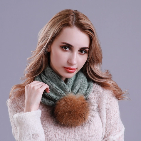 Dual-layer Wool Blend Women Multi-use Knit Hat Scarf Winter Warm Snood With Detachable Real Raccoon Fur Pom-pom