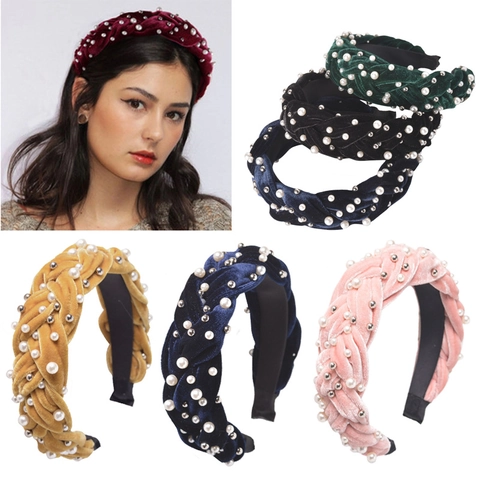 Braided Velvet Headband With Faux Artificial Pearls Rhinestones Handmade Wide Padded Hairband Retro Elegant For Women Girls