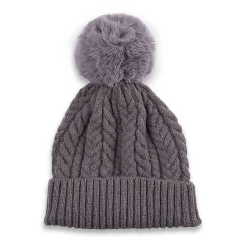 Cable Knit Beanie Hat With Faux Fur Pom-pom Winter Warm Woolen Knitted Cap For Women Outdoor Casual Style