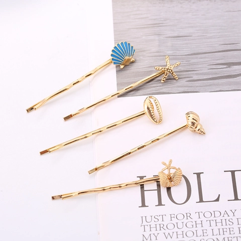 Pinzas Para El Cabello De Estrella De Mar Concha Aleación De Oro Marina Chic Verano Playa Horquillas Para Mujeres