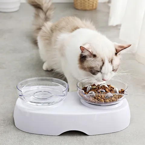 Ciotole Doppie Gatti Inclinate Protezione Collo Plastica Anti Soffocamento Trasparente Forma Orecchio Gatto Cani Piccoli
