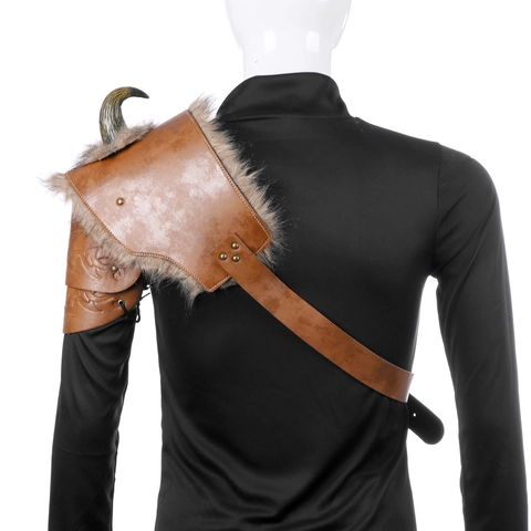Armatura Spalla Pauldron Vichingo Pelle PU Pelliccia Sintetica Corno Decorazione Halloween Cosplay Guerriero Medievale Accessori Costume