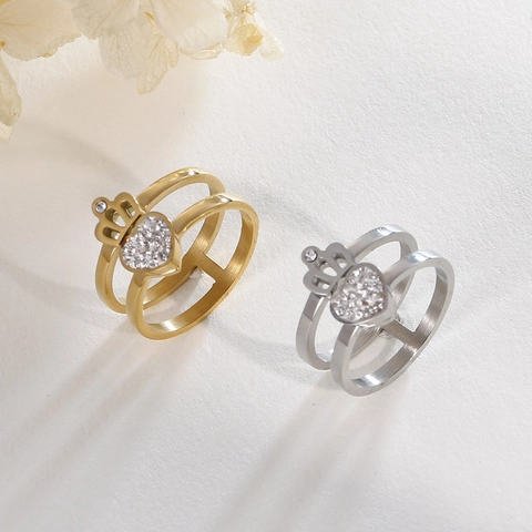 Anello A Doppio Strato In Acciaio Inossidabile Con Cuore Corona Zirconia Cavo Gioielli Eleganti Per Donna