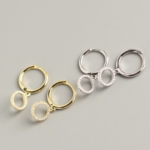 925 Sterling Silver Hoop Earrings With Round Cubic Zirconia Dangle Pendant Geometric Fashion Jewelry For Women