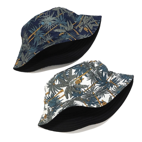 Cappello A Secchiello Reversibile Stampa Palma Tropicale Tela Cotone Tesa Larga Protezione Solare Esterna Estate