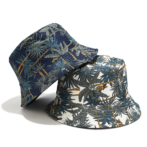 Cappello A Secchiello Reversibile Stampa Palma Tropicale Tela Cotone Tesa Larga Protezione Solare Esterna Estate