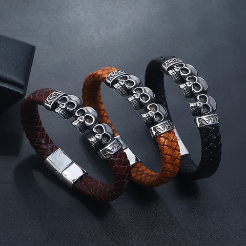 Bracciale In Pelle PU Intrecciata Da Uomo Con Ciondoli A Forma Di Teschio In Acciaio Inossidabile Gioielli Punk Vintage Chiusura Magnetica
