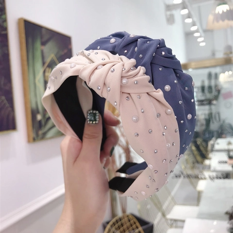 Women Wide Headband Fabric Twisted Knot With Faux Artificial Pearl Rhinestone Korean Style Elegant Hair Hoop Accessory
