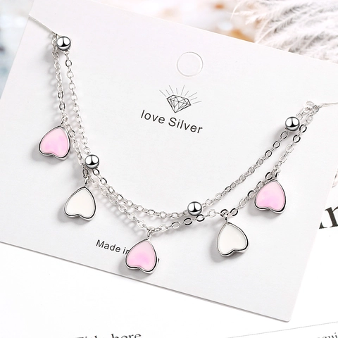 Bracciale Doppio Strato Rame Placcato Argento Con Ciondoli Cuore Smalto Rosa Bianco Perline Stile Dolce Per Donna Regolabile