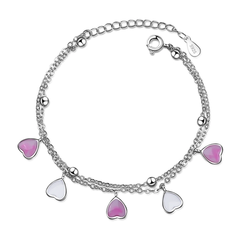 Bracciale Doppio Strato Rame Placcato Argento Con Ciondoli Cuore Smalto Rosa Bianco Perline Stile Dolce Per Donna Regolabile