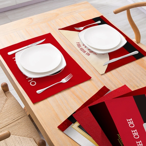 Christmas Placemat Cotton Linen Polyester Waterproof Heat Resistant Rectangular Festive Dining Table Decoration Red