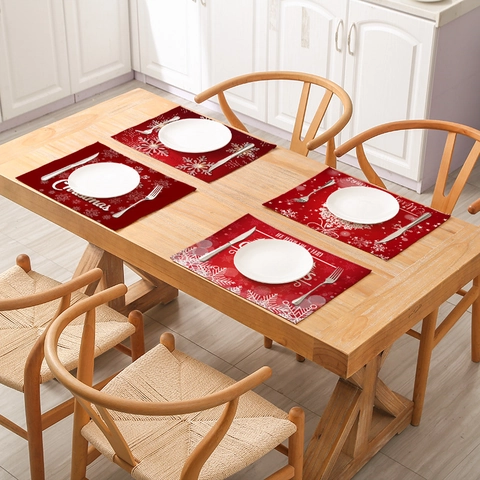 Christmas Placemat Cotton Linen Polyester Waterproof Heat Resistant Rectangular Festive Dining Table Decoration Red
