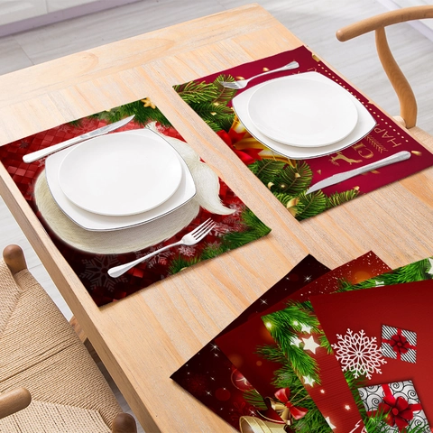 Christmas Placemats Linen Cotton Waterproof Heat Resistant Holiday Dining Table Decor Reusable Festive Reindeer Tree
