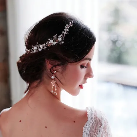 Pettine Per Capelli Da Sposa Con Fiore In Ceramica Perla Artificial Fatto A Mano E Orecchini Gioielli Matrimonio Lega Dorata
