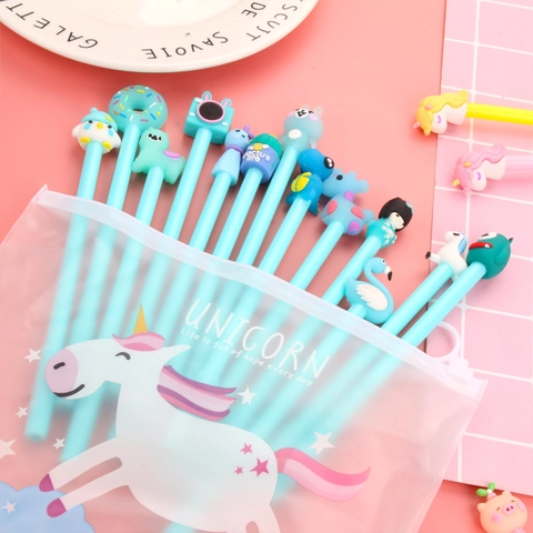 Penne Gel Cartoni Animati In Plastica Con Decorazione In Silicone E Astuccio Unicorno Trasparente Cancelleria Carina Per Studenti
