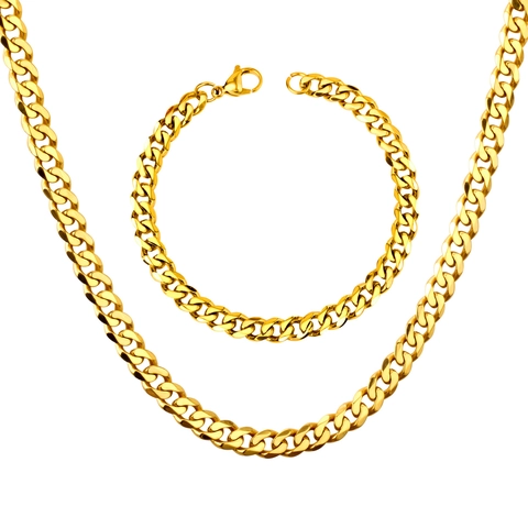 Collana E Bracciale A Catena Maglia Cubana Acciaio Inossidabile Placcato Oro Moda Hip Hop Per Uomini Donne