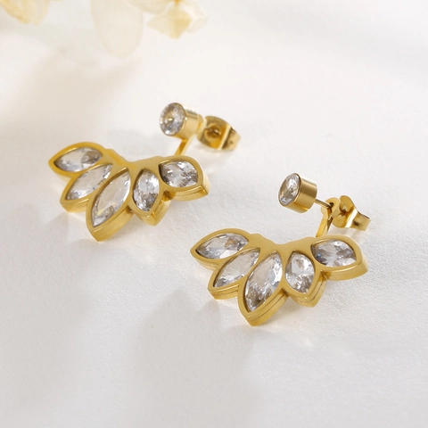 Boucles D Oreilles Ear Jacket En Forme D Éventail De Fleurs Avec Zircons Marquise Acier Inoxydable Bijou Pour Femmes