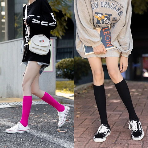 Women Cotton Ribbed Knee High Socks Solid Color Neon Japanese Style Casual Calf Socks