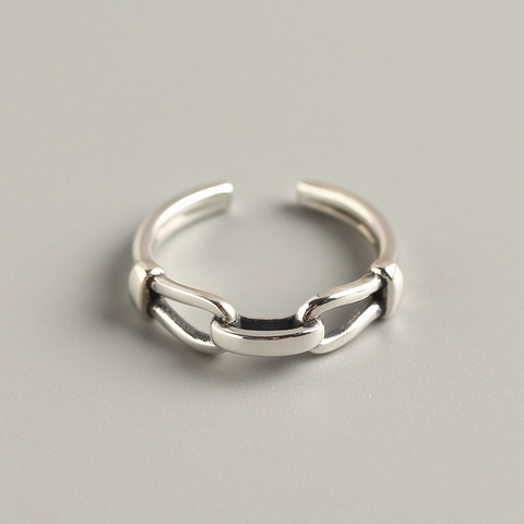 925 Sterling Silver Open Ring Women Vintage Minimalist Chain Link Design Adjustable Geometric Band Fashion Jewelry Gift