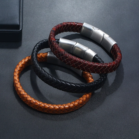 Pulsera De Cuero PU Trenzado Con Cierre Magnético De Acero Inoxidable Joyería Punk Informal Para Hombre