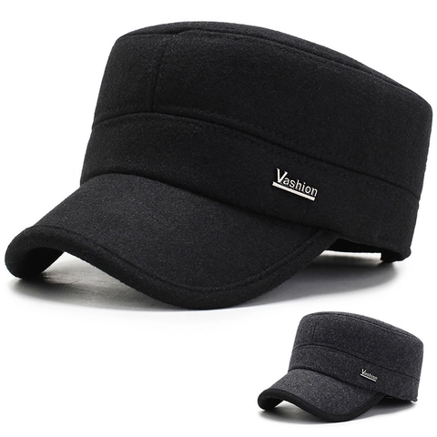 Cappello Militare Da Uomo In Lana Inverno Caldo Berretto A Cima Piatta Con Paraorecchie Pieghevoli Fibbia Regolabile