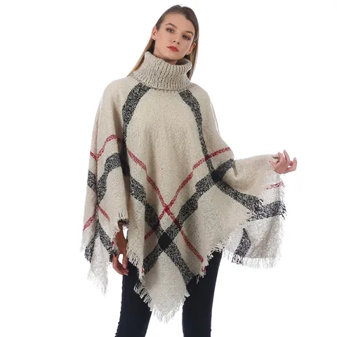 Damen Kariert Rollkragen Poncho Schal Mit Quasten Winter Warm Gestrickt Karomuster Pullover Umhang Cape