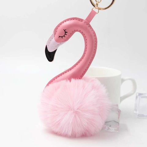 Flamingo Keychain Plush Pompom Bag Pendant PU Leather Animal Shape Gold Metal Ring Fashion Ornament Accessory For Women