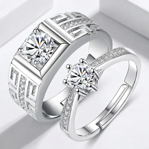 Mode Kupfer Versilbert Zirkonia Paar Ring Set Griechisches Mäander Muster Sechs Zacken Hochzeit Verstellbare Offene Ringe Für Damen Herren