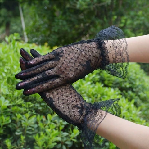 Guantes De Encaje Corto Malla Con Lazo Volante Polka Dot Para Boda Fiesta Elegante Accesorios De Ceremonia