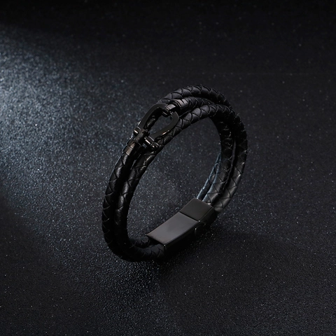 Bracciale Uomo Pelle Intrecciata Con Fibbia Ferro Di Cavallo Acciaio Inossidabile Multi Strato Stile Punk Gioielli