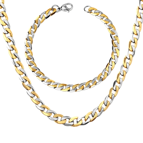 Men's Hip Hop Stainless Steel Cuban Chain Necklace Bracelet Set 6mm Width Gold Silver Plated Jewelry For Men Fashion Gift