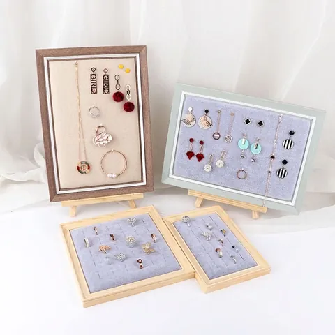 Wooden Photo Frame Jewelry Display Stand Organizer Wood Holder For Earrings Rings Necklaces Desktop Easel Wall Hanging