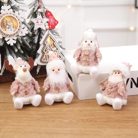 Muñeco De Nieve De Peluche Navidad Rosa Blanco Decoración Sentada Con Botones De Madera Para Árbol Escritorio Escaparate