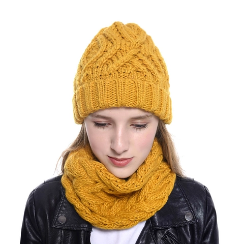 Women Winter Warm Knit Hat And Scarf Set Thick Yarn Cable Jacquard Beanie Neck Warmer Outdoor Daily Wear Accessory Set
