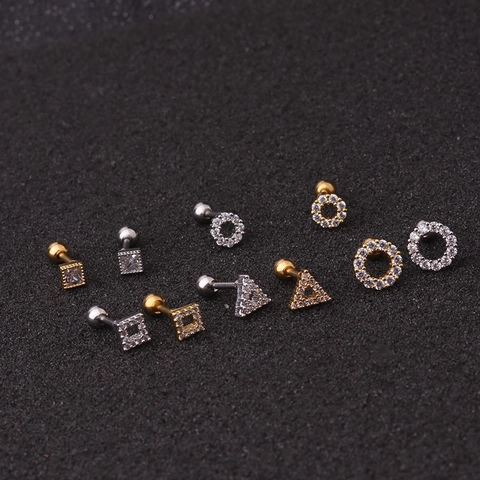 Stainless Steel Zircon Geometric Ear Cartilage Studs With Screw Back Ball Piercing Jewelry For Women